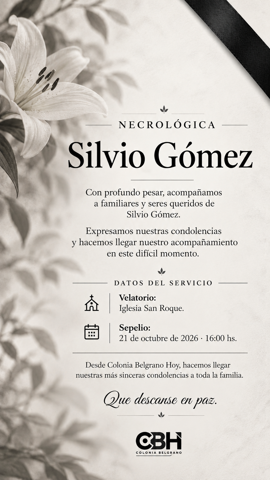 Placa necrológica de Silvio Gómez